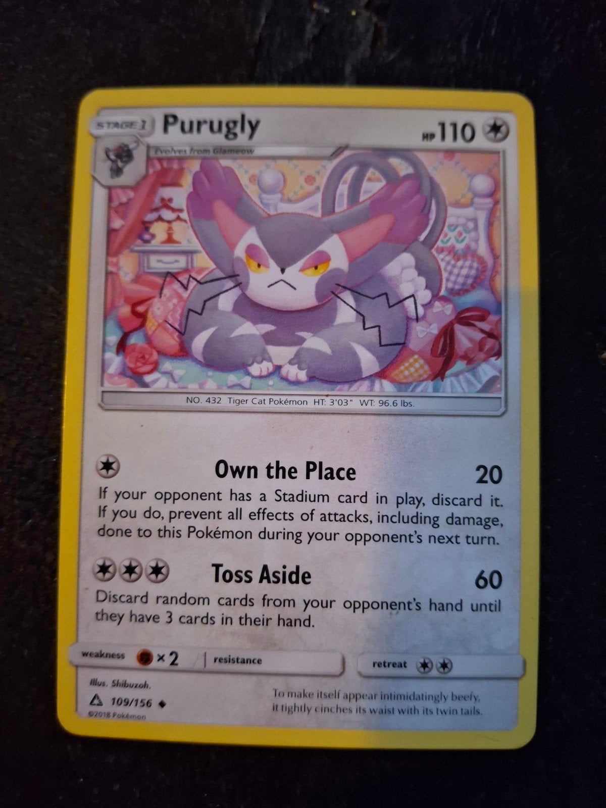 Purugly Pokémon kaart - 109/156 - Sun & Moon Ultra Prism, Ophalen of Verzenden, Gebruikt, Losse kaart