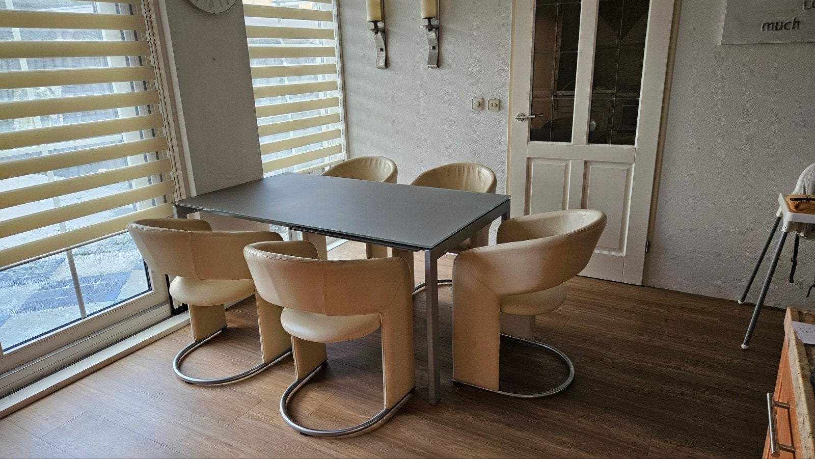 Uitschuifbare design tafel met 5 fauteuils, Huis en Inrichting, Tafels | Eettafels, Ophalen, Rechthoekig, 200 cm of meer, 50 tot 100 cm