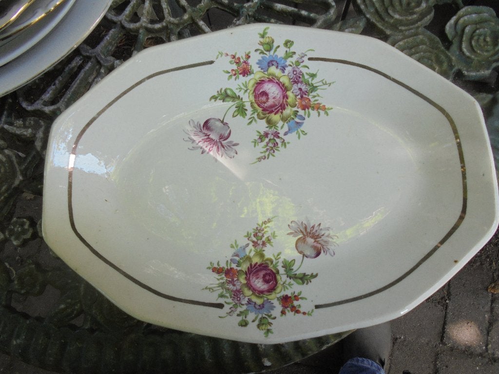 Frans Hamage ovale vleesschaal groot bloemboeket / roze roos, Ophalen of Verzenden