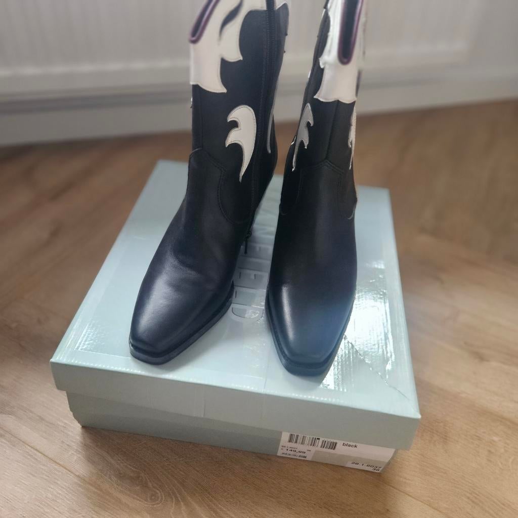 Dames  cowboylaarzen zwart leder met print Manfield Nieuw, Hoge laarzen, Zwart, Ophalen of Verzenden, Zo goed als nieuw