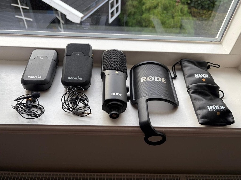 Rode Microfoon Set: NT-USB, RodeLink TX/RX, Popfilter, Ophalen of Verzenden, Zo goed als nieuw, Studiomicrofoon, Draadloos