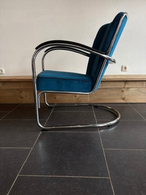 Gispen 412S  fauteuil, chroom, nieuwe petrol ribstof, Design, 75 tot 100 cm, Zo goed als nieuw, Stof