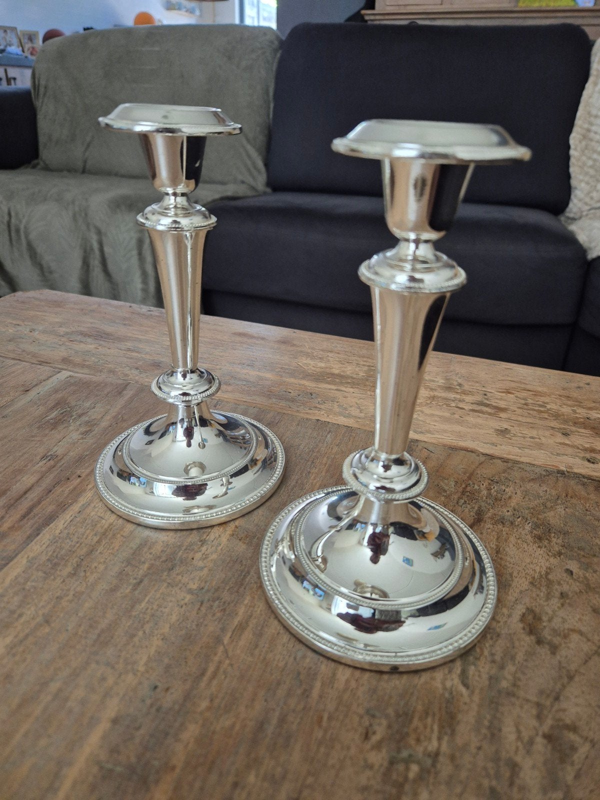Set klassieke verzilverde kandelaars, silver plate on copper, Ophalen of Verzenden, Koper of Brons