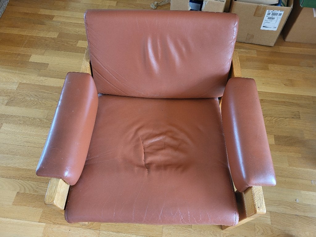 Klaus Rausch Brutalist Lounge Chair / Fauteuil – Eiken&leer, Huis en Inrichting, Fauteuils, Ophalen, Gebruikt, 75 tot 100 cm, Leer