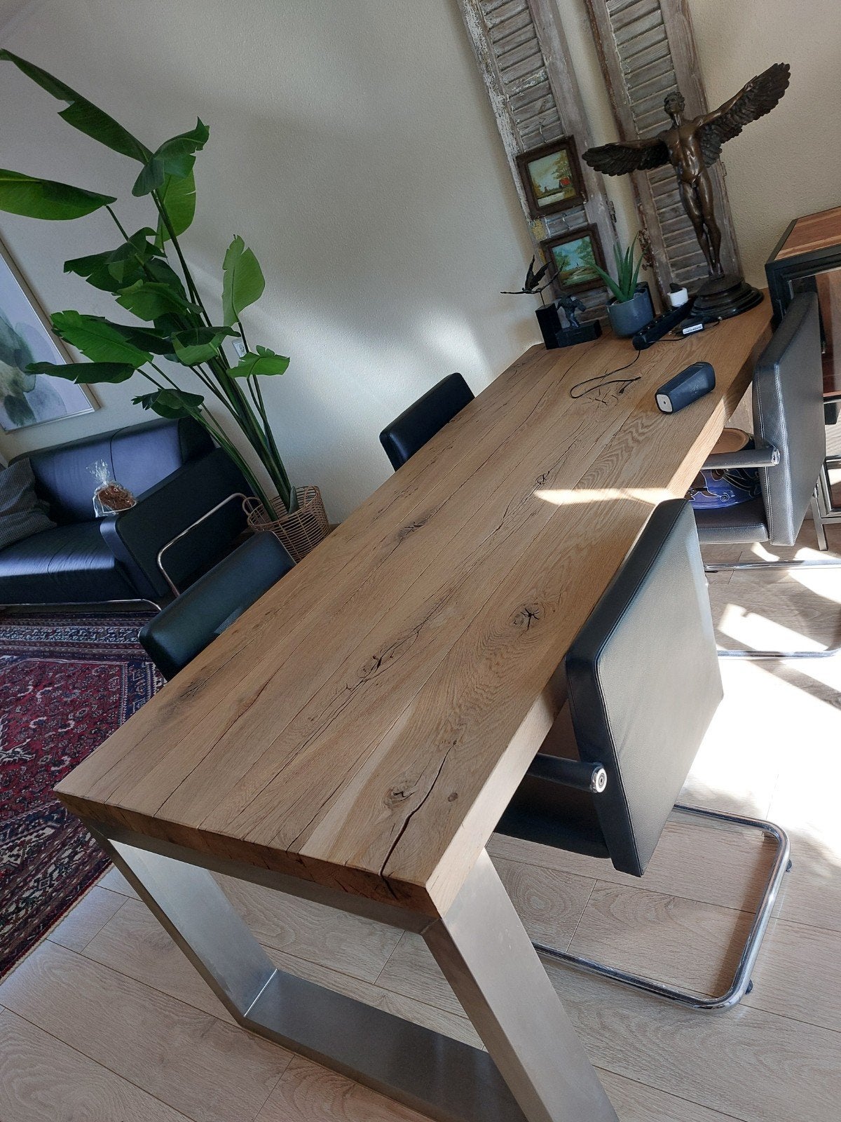 STOER Handgemaakte Uniek Industrieel Frans eiken eettafel, Ophalen, Rechthoekig, 200 cm of meer, 50 tot 100 cm