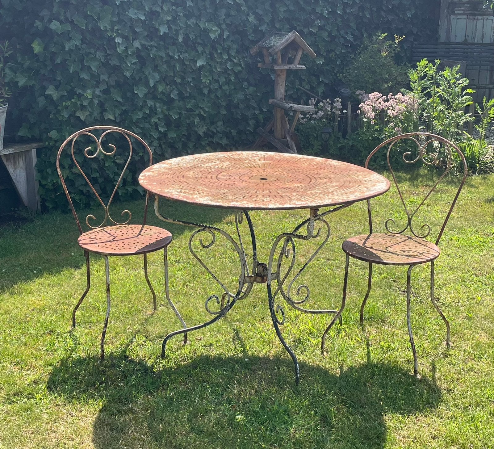 Franse oude bistro tuinset tafel met 2 stoelen, Ophalen