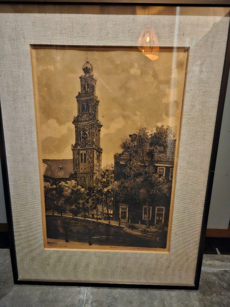 Ets westerkerk/westertoren cornelis brandenburg, Achter glas, Overige ondergronden, Ophalen of Verzenden, Stads- / dorpsgezicht