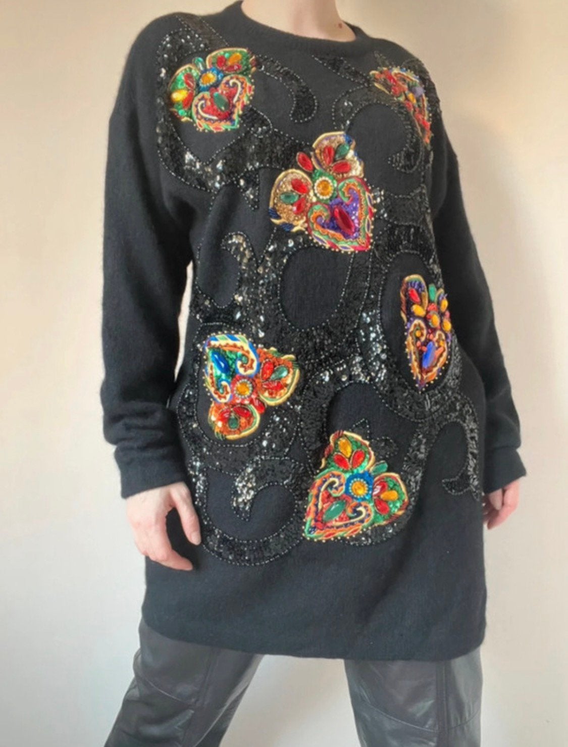 Fantastische vintage glitter trui,L. Sequin party pailletten, Kleding | Dames, Verzenden, Zwart, Maat 42/44 (L), Vintage