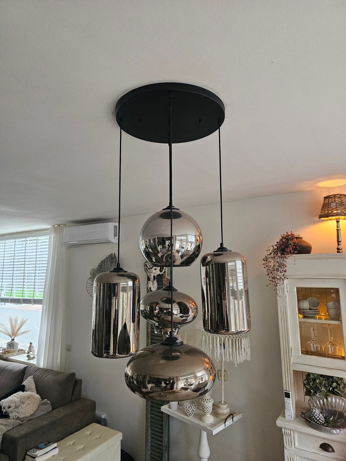 Hanglamp met 5 rookglazen lampen - Zo goed als nieuw, Ophalen, Zo goed als nieuw, Glas