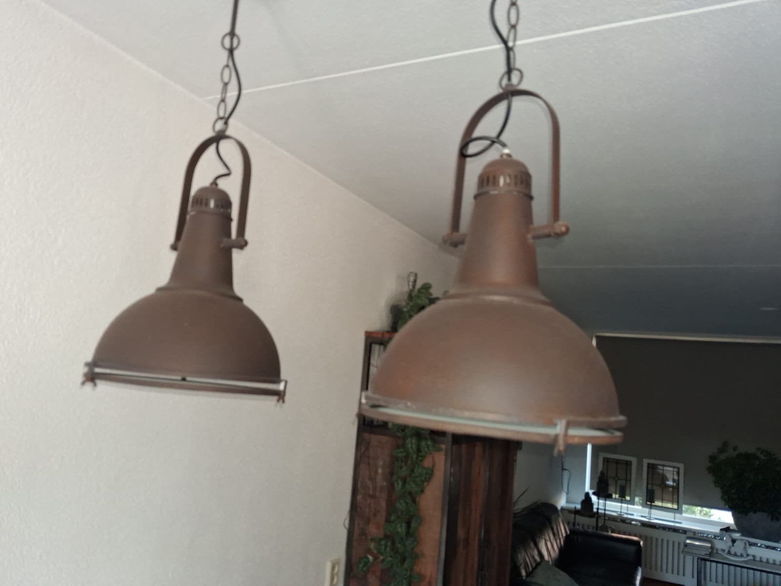2 Industriële hanglampen, Huis en Inrichting, Lampen | Hanglampen, Ophalen, Zo goed als nieuw, Industriël