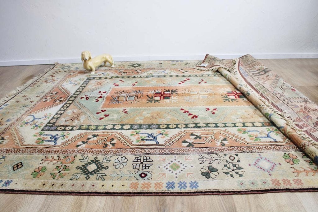Handgemaakt Turks Milas tapijt. Groot vintage kleed, pastel, Vintage, oosters, perzisch, eclectisch, pastel, O, O, 200 cm of meer