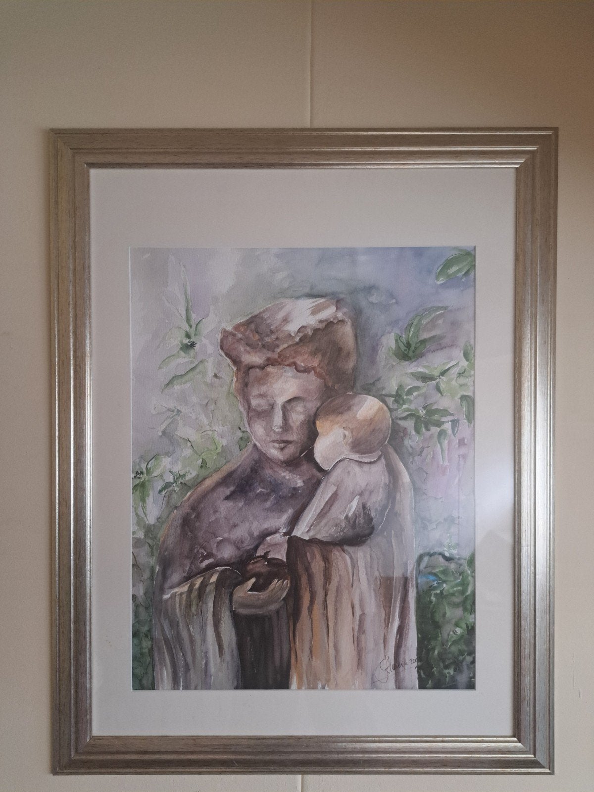 Aquarel Moeder en Kind - Gesigneerd en Ingelijst, Ophalen of Verzenden
