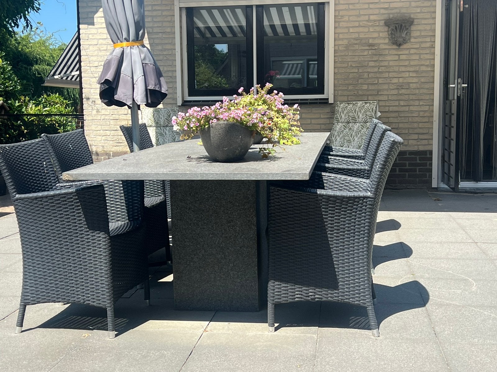 Grote tuintafel met natuurstenen blad en 6 stoelen, Tuin en Terras, Ophalen, Gebruikt, Rechthoekig, Overige materialen