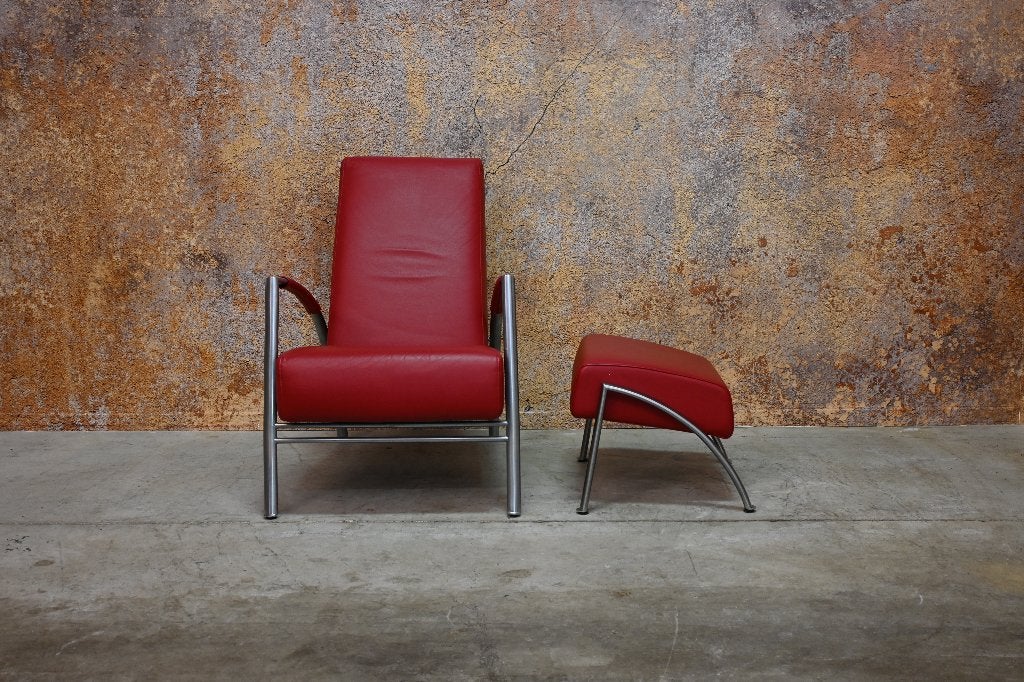 ZGANieuw rode leren Harvink de Club fauteuil + hocker, Huis en Inrichting, Harvink, Harvink, 75 tot 100 cm, Ophalen of Verzenden