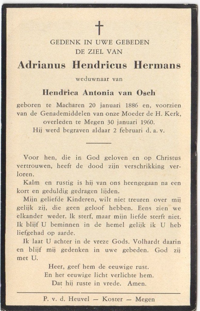 Adrianus H. Hermans 1886 Macharen + 1960 Megen, 74 jaar, Verzenden