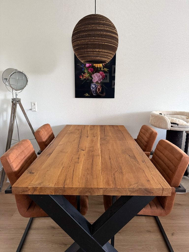 Massief Eiken tafel met stoelen, Ophalen, Gebruikt, Eikenhout, 50 tot 100 cm