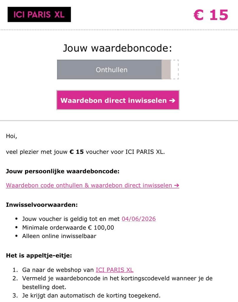 ICI PARIS XL kortingsbon 15 euro, Eén persoon, Kortingsbon, Warenhuis- of Winkelbon