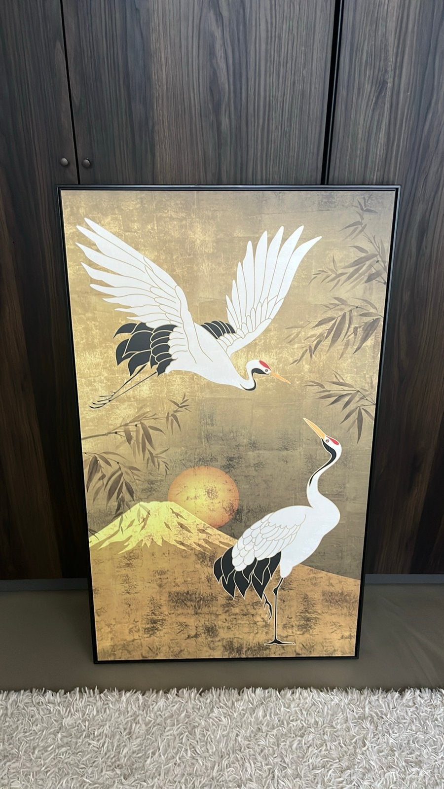 Japans schilderij met kraanvogels en berg, Ophalen, Schilderij, Goud, Overige materialen