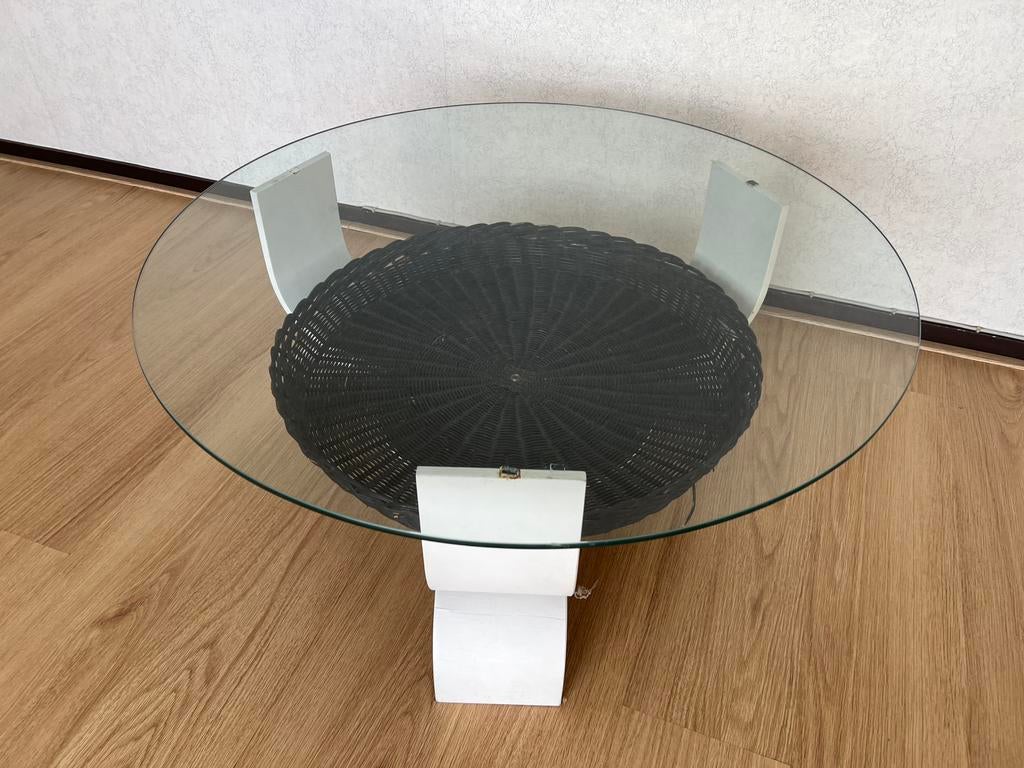 Te Koop : Vintage Design Salontafel Tafel Rond Glas Hout, Ophalen, Gebruikt, 50 tot 100 cm, Glas
