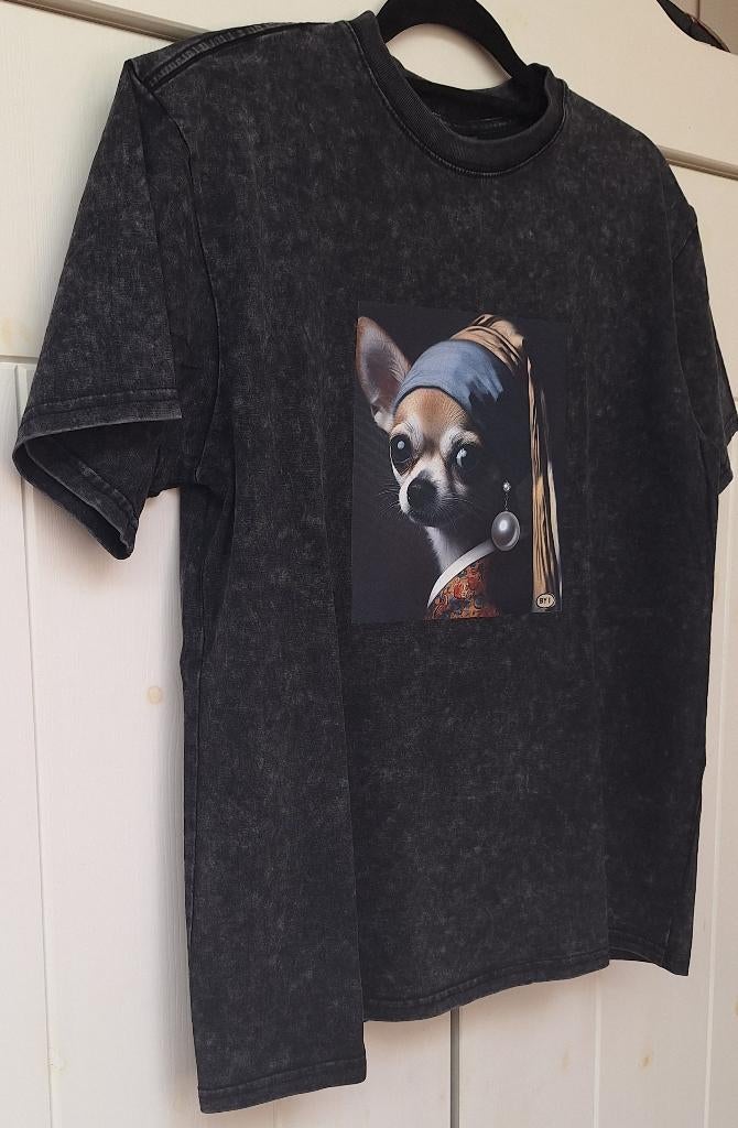 dames t-shirt zwart gewassen katoen, chihuahua met de parel, Kleding | Dames, Maat 38/40 (M), Zwart, Nieuw, Ophalen of Verzenden