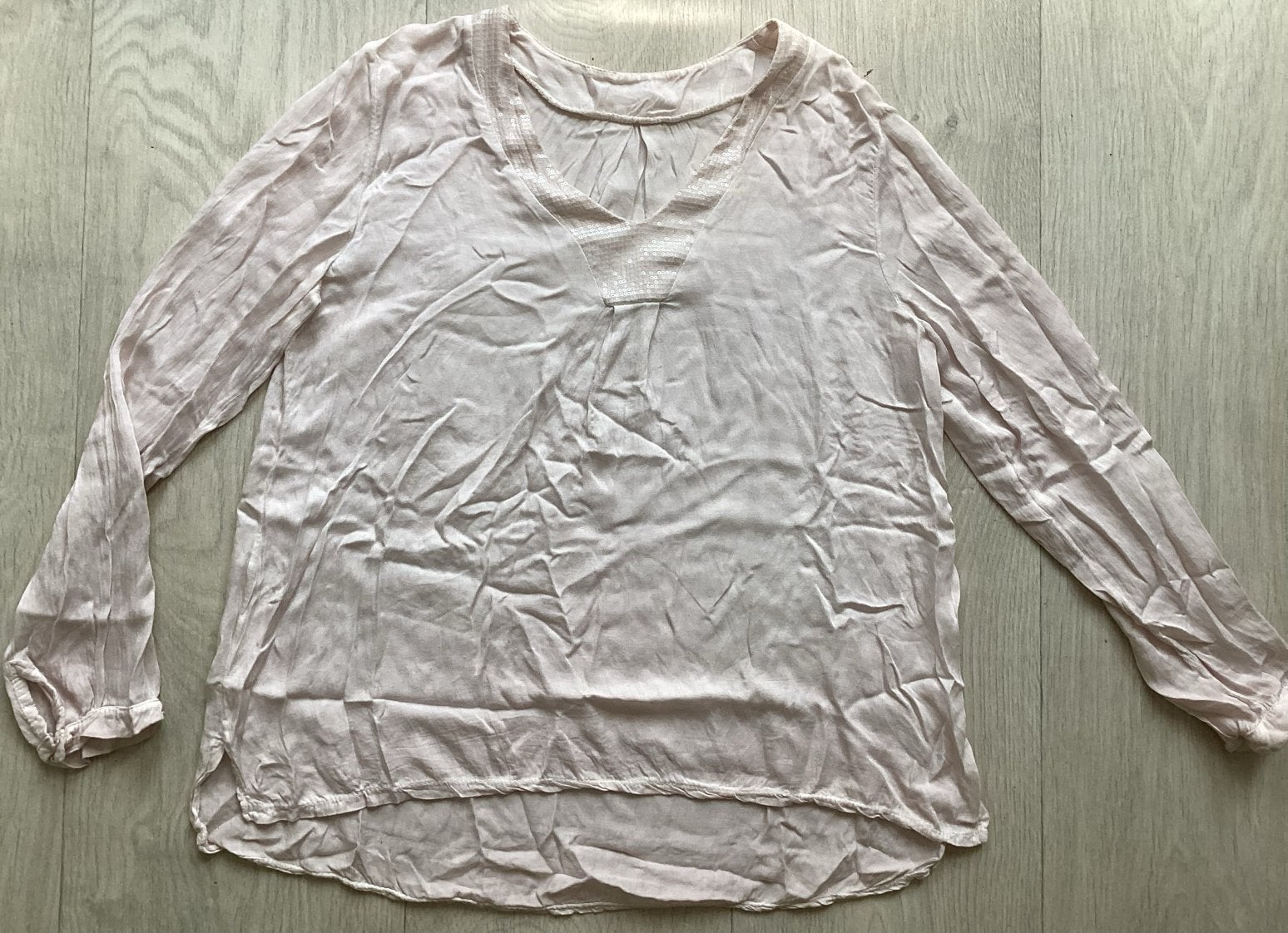 Lichtroze blouse top met pailletten maat L, Ophalen of Verzenden, Gedragen, Maat 42/44 (L), Roze