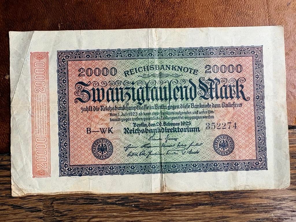 Reichsbanknote 20.000 Mark - Duitse Hyperinflatie 1923, Postzegels en Munten, Ophalen of Verzenden, Duitsland, Los biljet