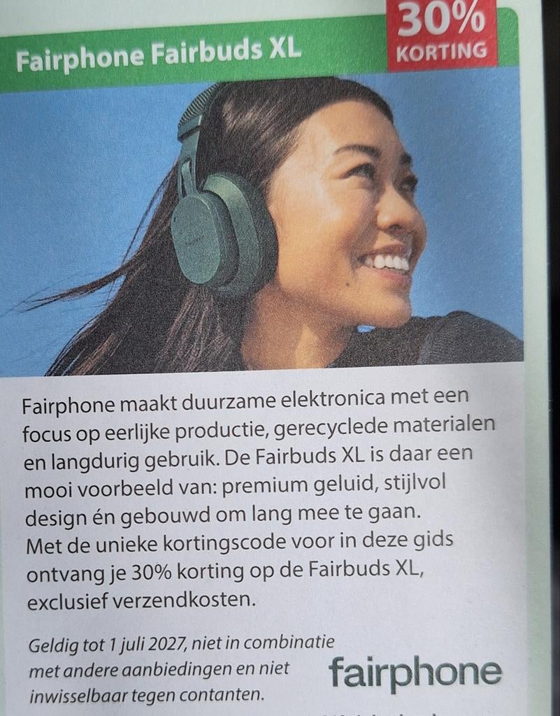 Fairphone Fairbuds XL 30% korting, Tickets en Kaartjes, Eén persoon, Kortingsbon