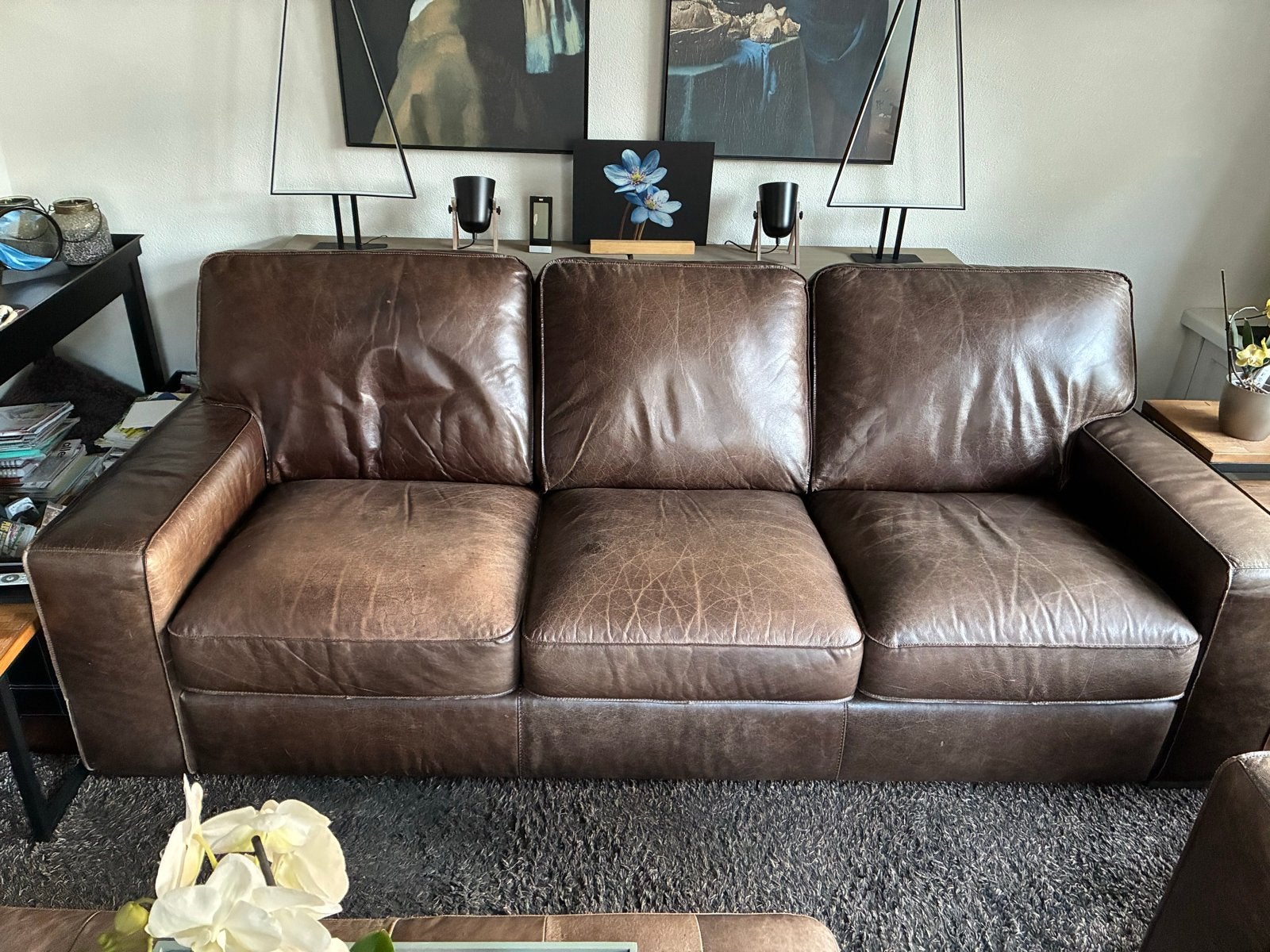 Gratis: Leren bankstel met fauteuils en hocker, Ophalen, Gebruikt, Leer