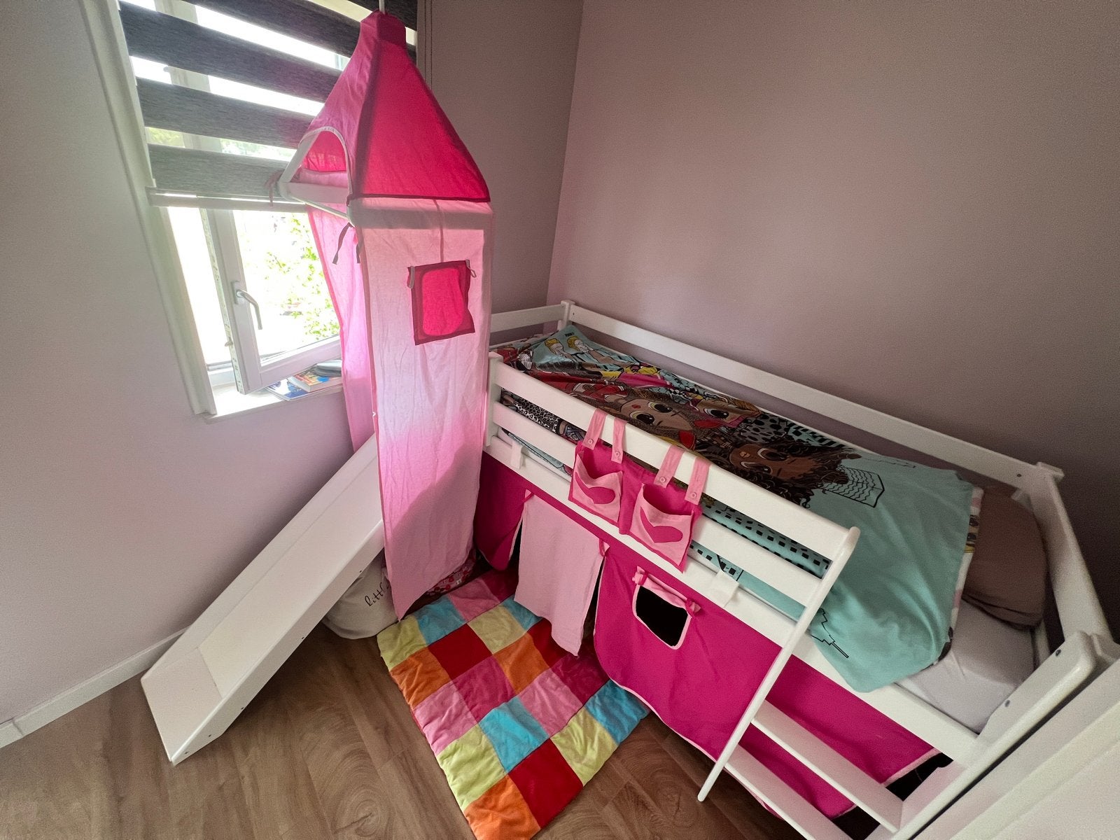 Halfhoogslaper Alex Hearts met glijbaan en toren, Kinderen en Baby's, Ophalen, 85 tot 100 cm, Gebruikt, Hoogslaper of Stapelbed