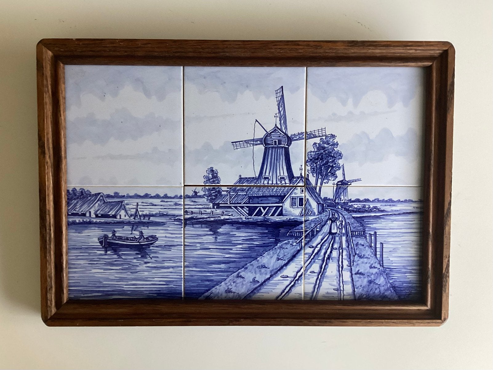 Delfts blauw tegeltableau met Hollands landschap met molen, Ophalen of Verzenden