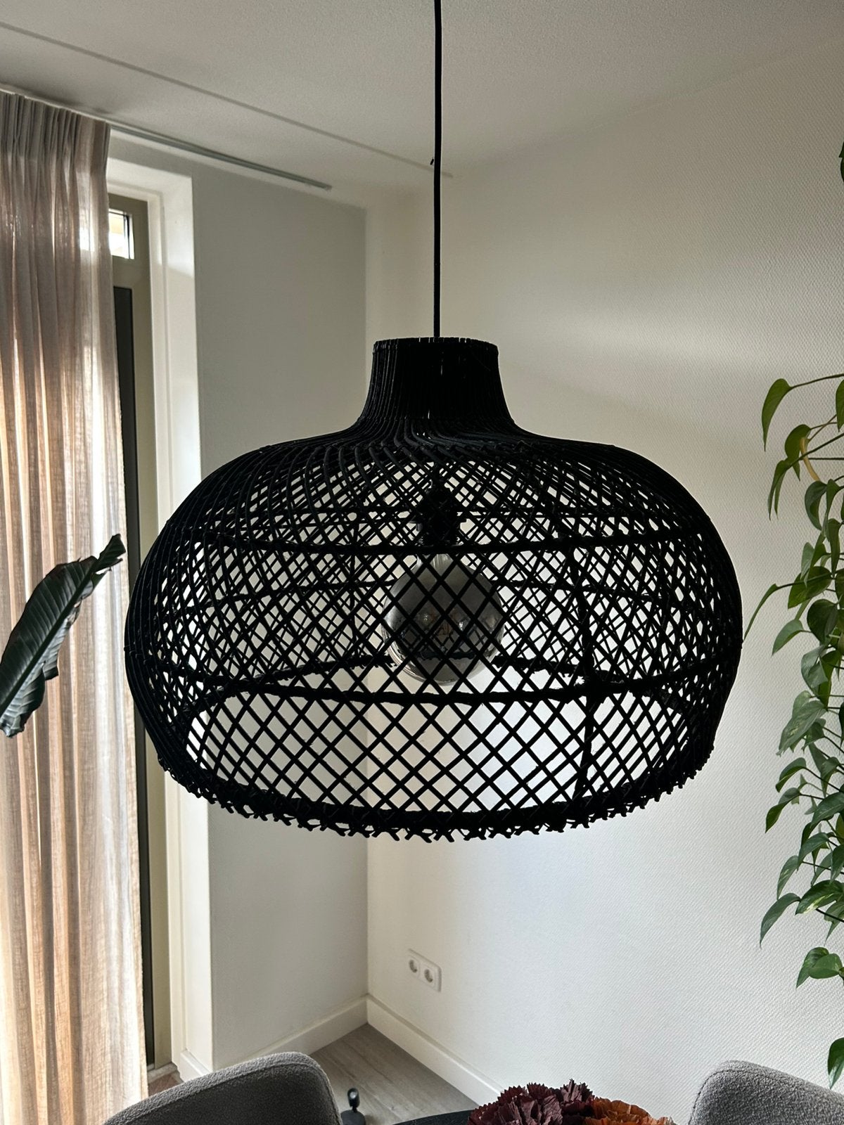 Hanglamp rotan Large zwart, Ophalen, E27 (groot), Zo goed als nieuw, Hout