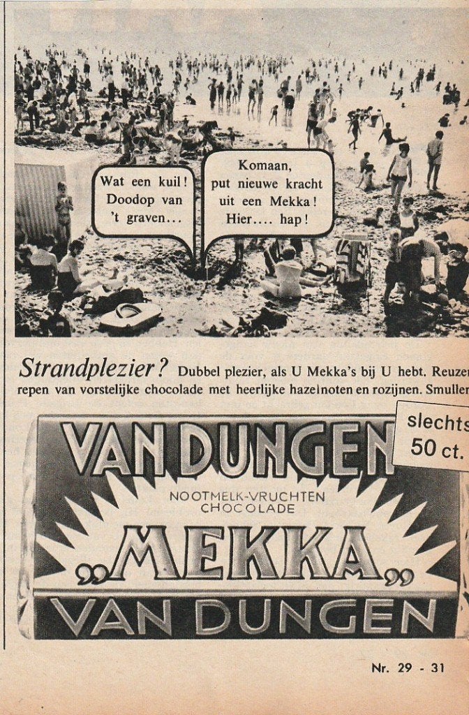 retro reclame 1962 Van Dungen Mekka chocolade  strand massa, Verzenden, Overige typen