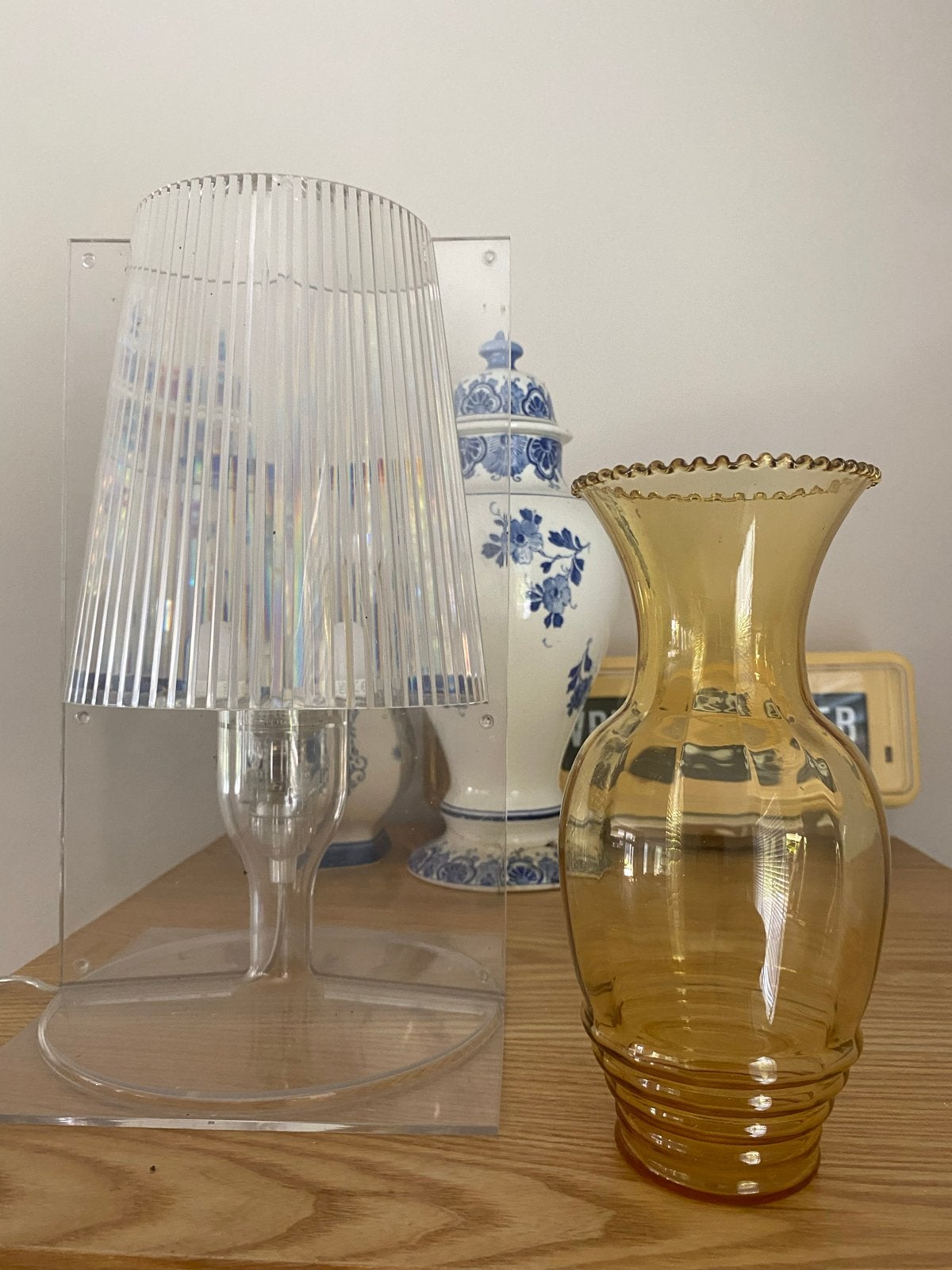 Vintage amberkleurige glazen vaas met geribbelde rand, Ophalen of Verzenden