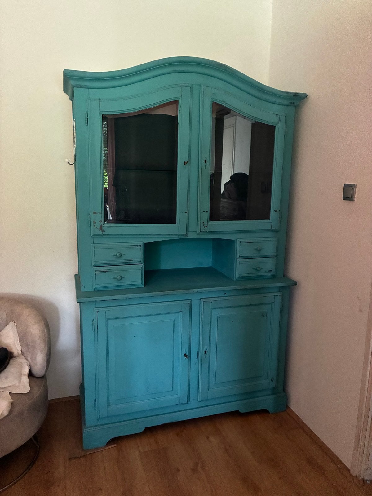 Vintage turquoise buffetkast met vitrine, Ophalen