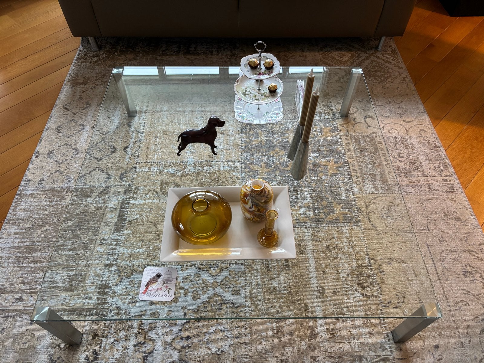 Glazen salontafel met metalen onderstel, Ophalen, Gebruikt, Vierkant, Glas