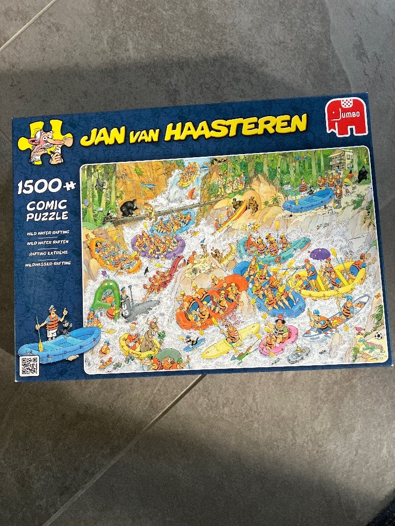 Puzzel Jan van Haasteren wild water raften 1500 stukjes, Ophalen of Verzenden, 500 t/m 1500 stukjes, Zo goed als nieuw, Legpuzzel