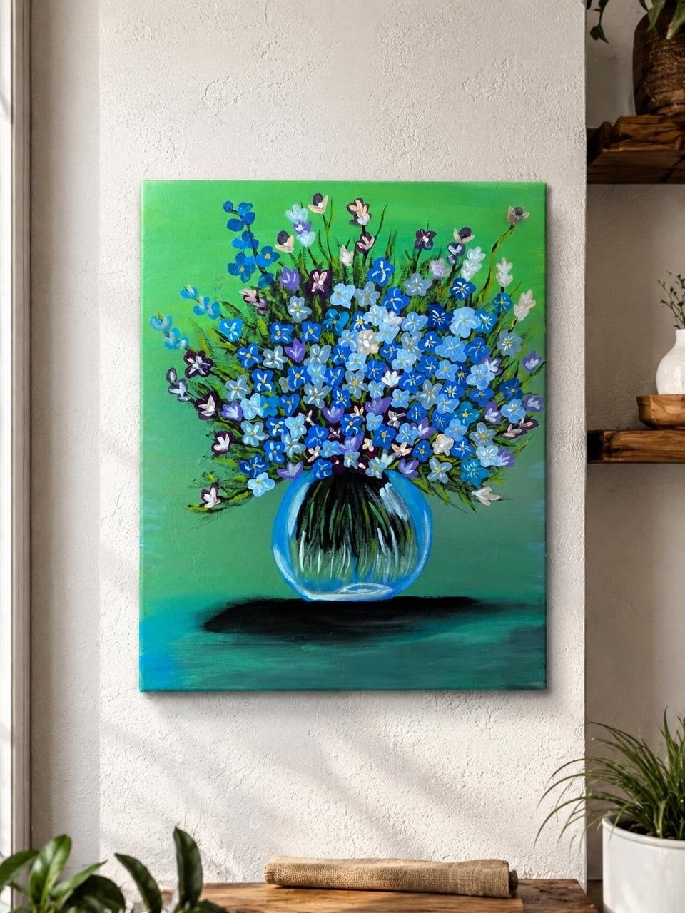 Schilderij met bloemenvaas - Handgeschilderd kunstwerk, Ophalen of Verzenden