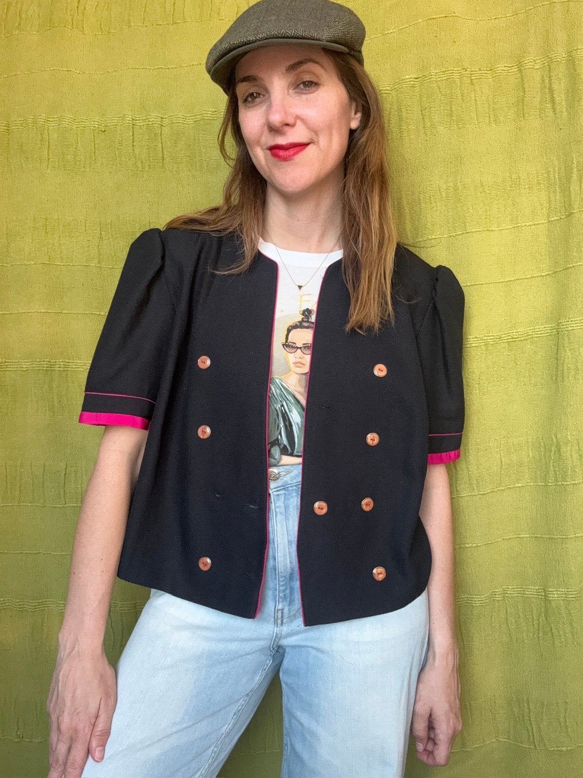 Vintage blazer met korte mouwen - blauw / roze - 42/XL, Maat 38/40 (M), Hgv, Blauw, Hgv