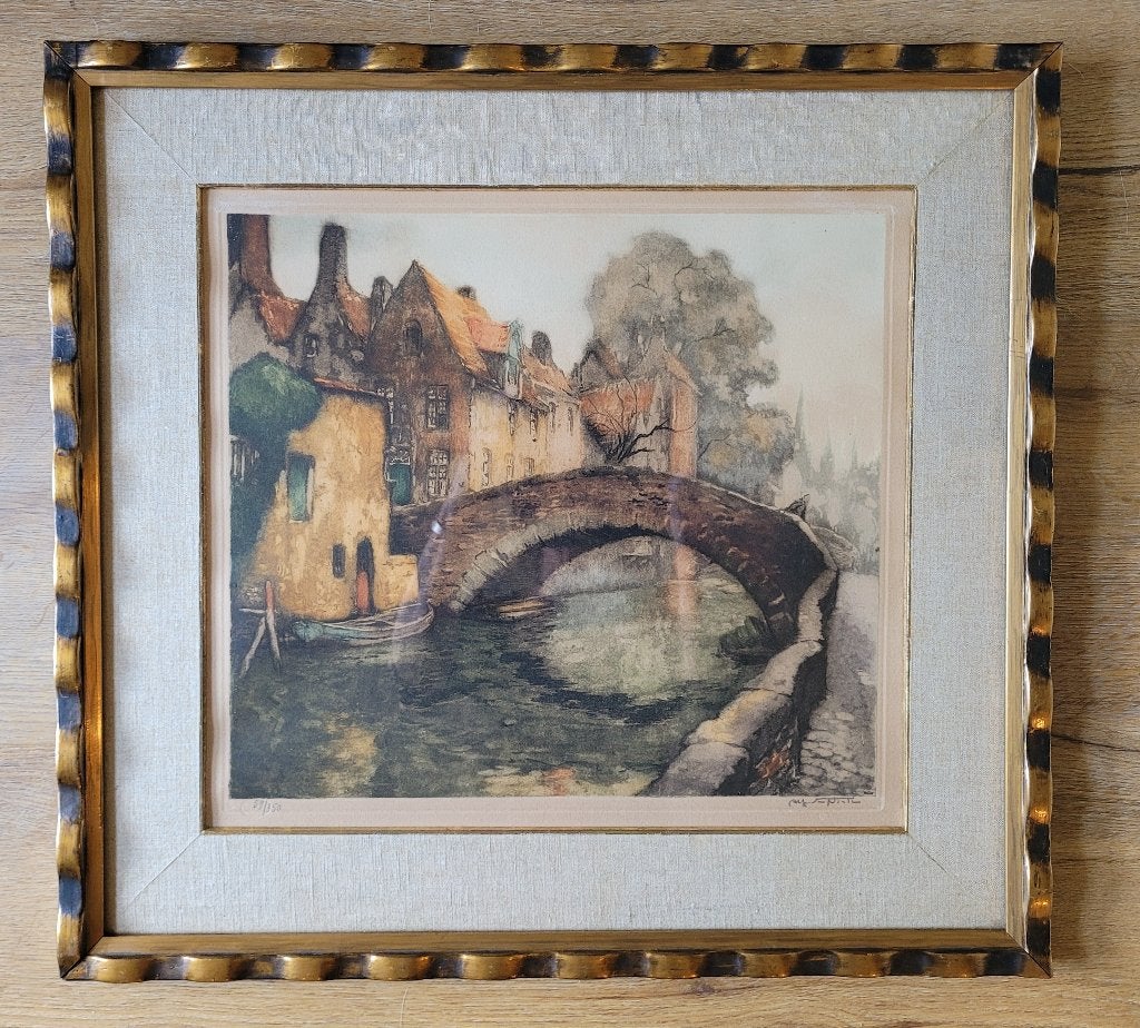 Ets Brugge 'Pont du Cheval' Alfred van Neste (1874-1969), Antiek en Kunst, 53 cm, Ets, Stadsgezicht, Ophalen of Verzenden