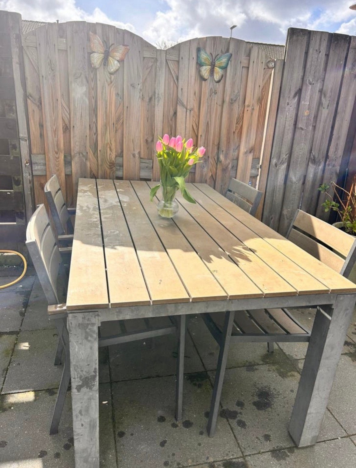 Tuinset tuintafel met stoelen 180x100cm, Tuin en Terras, Ophalen of Verzenden, Gebruikt, Kunststof, Stapelbaar