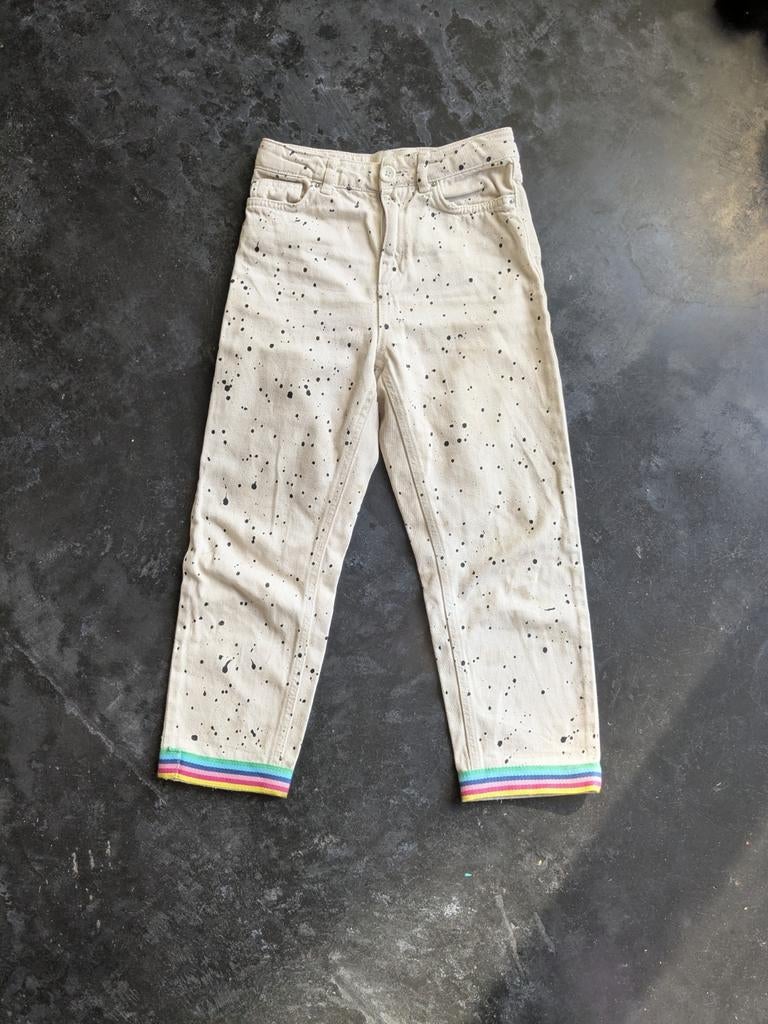 Polder broek maat 8/10 (135) met spetters en regenboogboord, Broek, Gebruikt, Polder, Jongen of Meisje