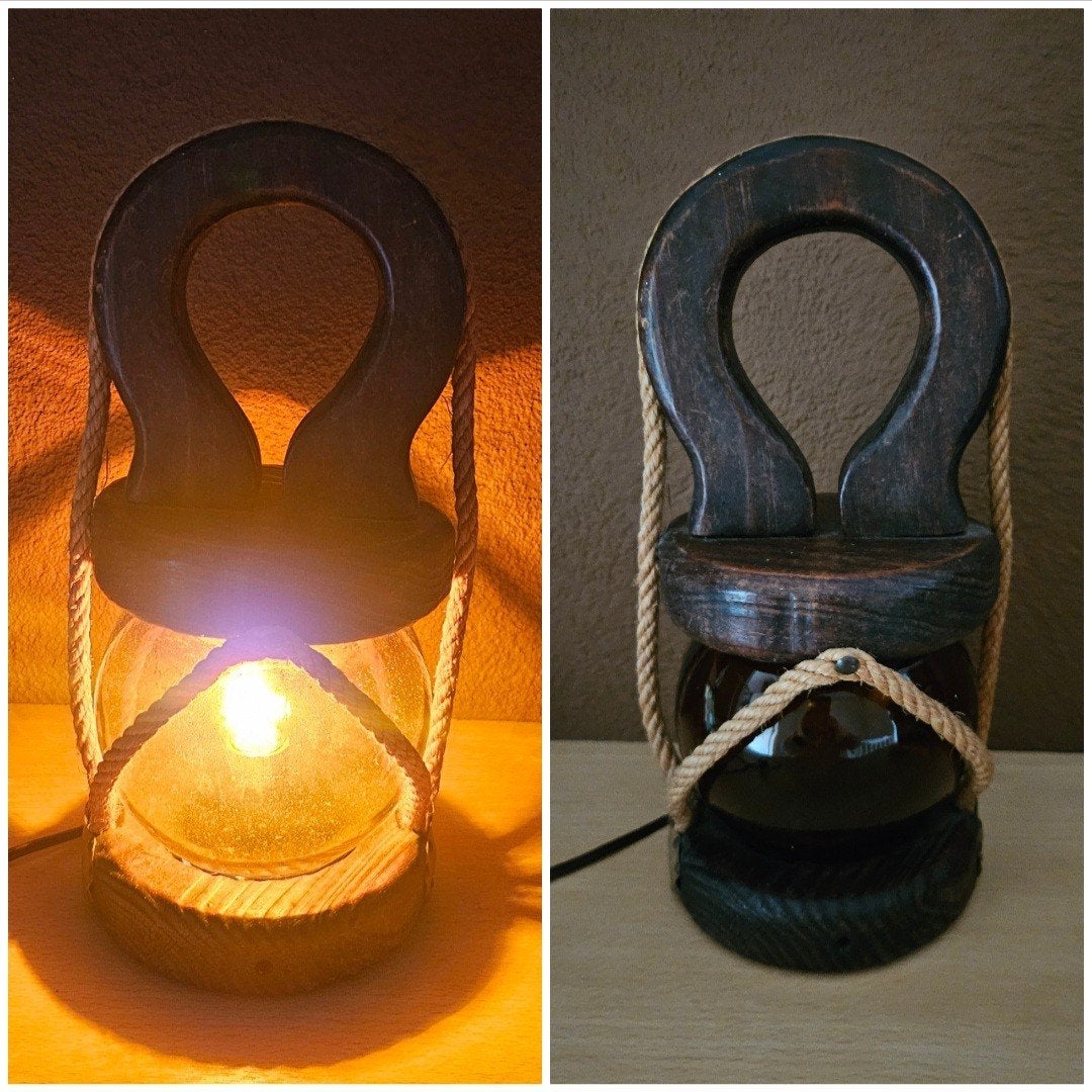 Unieke handgemaakte tafellamp met touw en hout Audoux Minet, Ophalen of Verzenden, Zo goed als nieuw, E27 (groot)