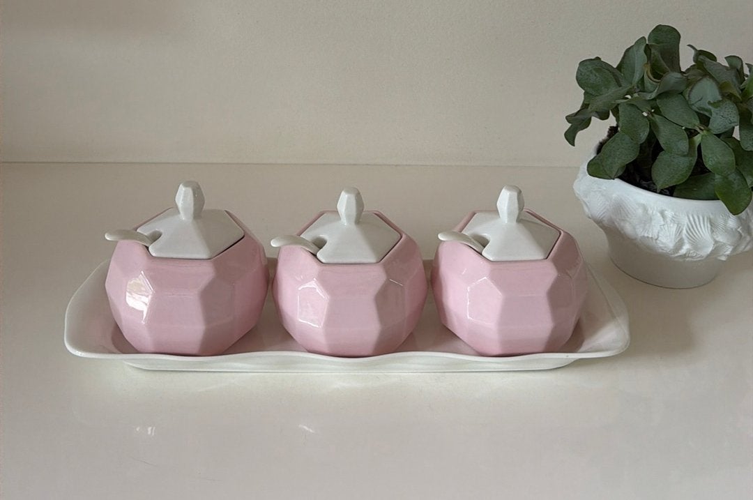 Set van 3 roze dekselpotjes met lepels, Overige typen, Nieuw, Ophalen of Verzenden, Overige stijlen