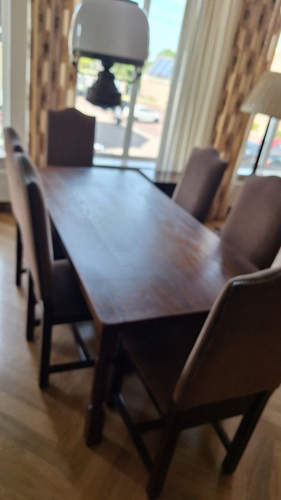 Massief eiken eettafel plus stoelen- 180x85 cm, Ophalen, Gebruikt, Eikenhout, 50 tot 100 cm
