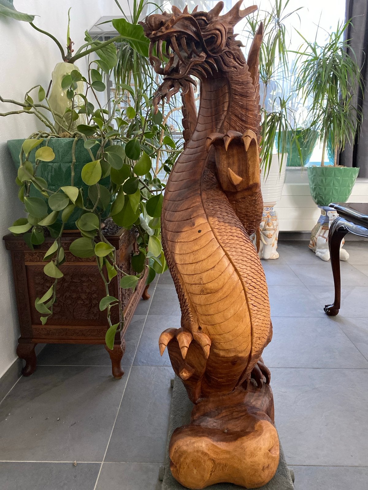 Antieke Massief Houten Draak - 109 cm Hoog, Ophalen, Overige onderwerpen, Houtsnijwerk, Handgemaakt