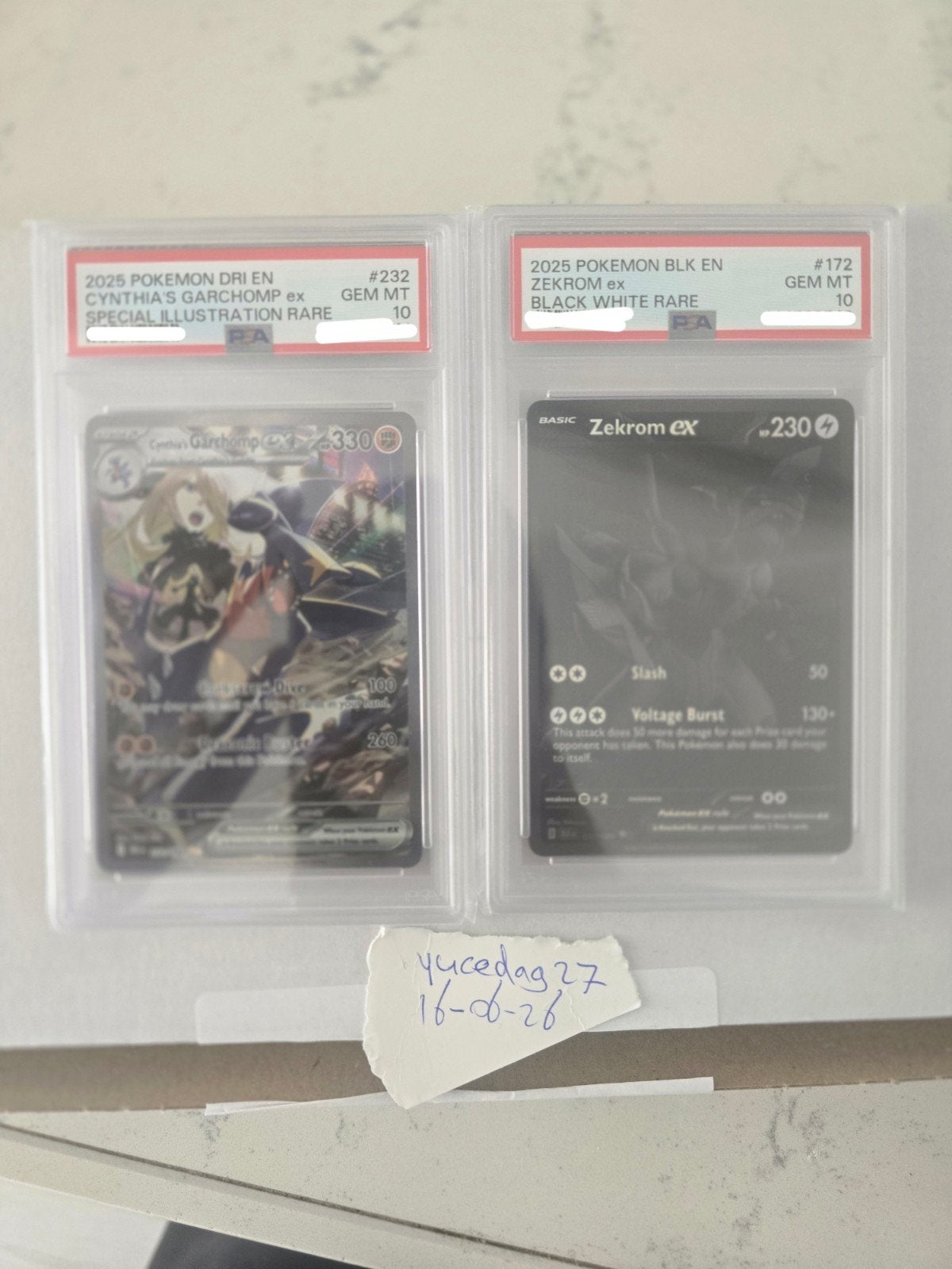PSA 10 Pokemon Kaarten: Cynthia's Garchomp & Zekrom EX, Ophalen of Verzenden, Nieuw, Meerdere kaarten