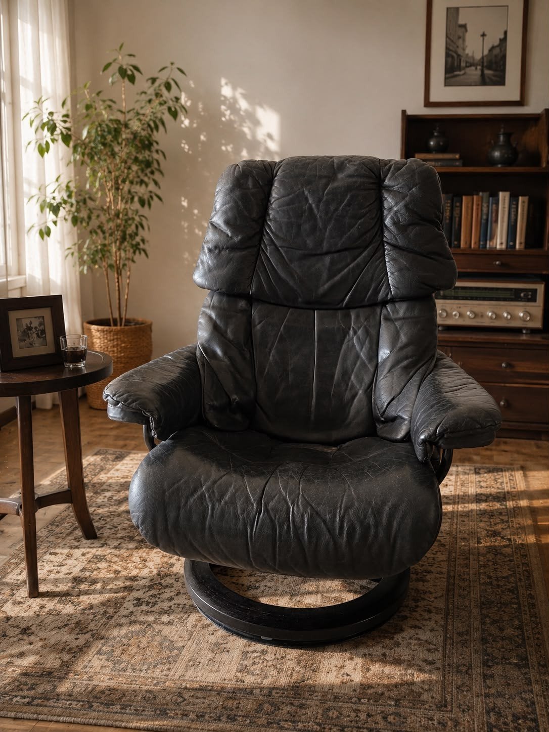 Stressless Reno Zwart Lederen Draaifauteuil (klein postuur), Ophalen, Gebruikt, 75 tot 100 cm, Leer