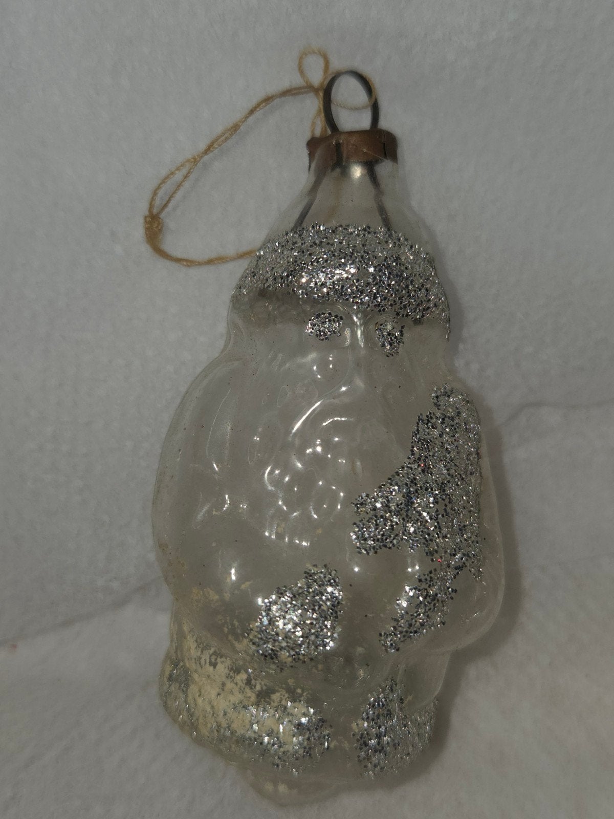Oude Vintage Glazen Kerstbal Kerstman met Zilveren Glitters, Ophalen, Gebruikt