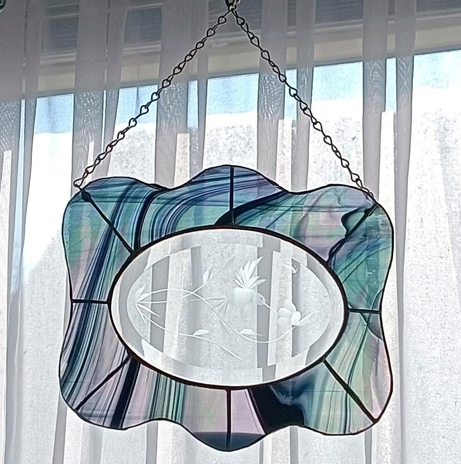 Vintage Glas-in-lood Raamhanger met Geëtst Glas, Ophalen of Verzenden