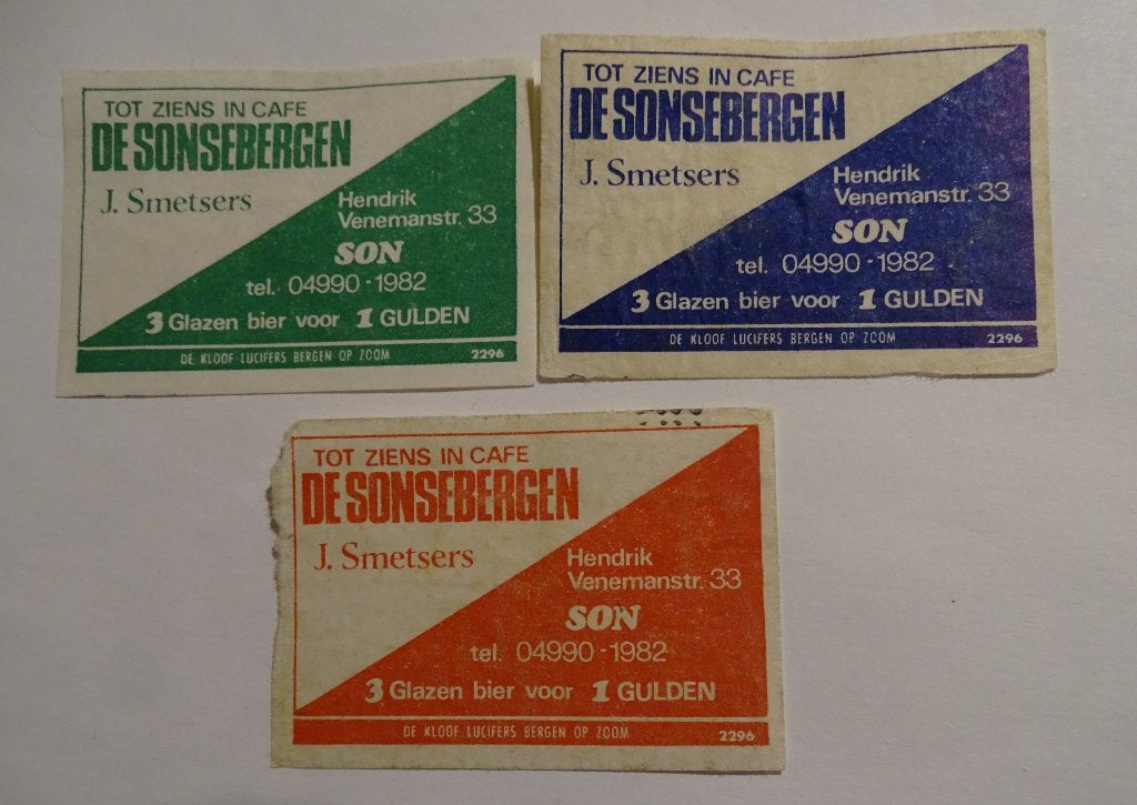 Café  DE SONSEBERGEN   3 glazen Bier voor 1 GULDEN   SON, Ophalen of Verzenden, Gebruikt, Luciferdoosjes of -merken